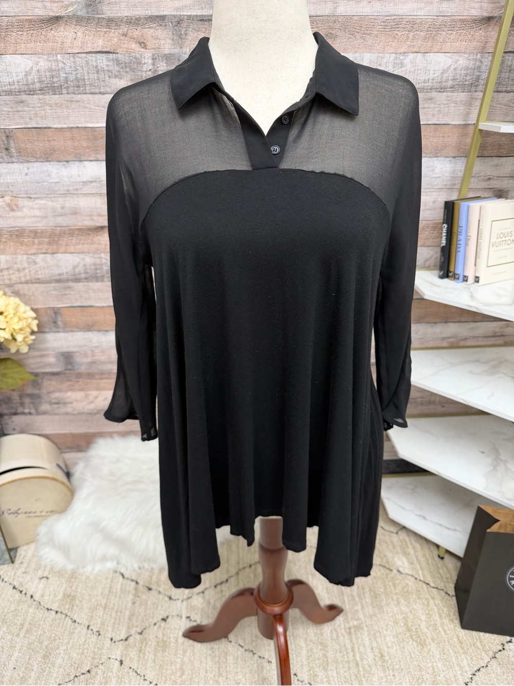 Cupio Black Mesh Long Sleeve With Collar Top M